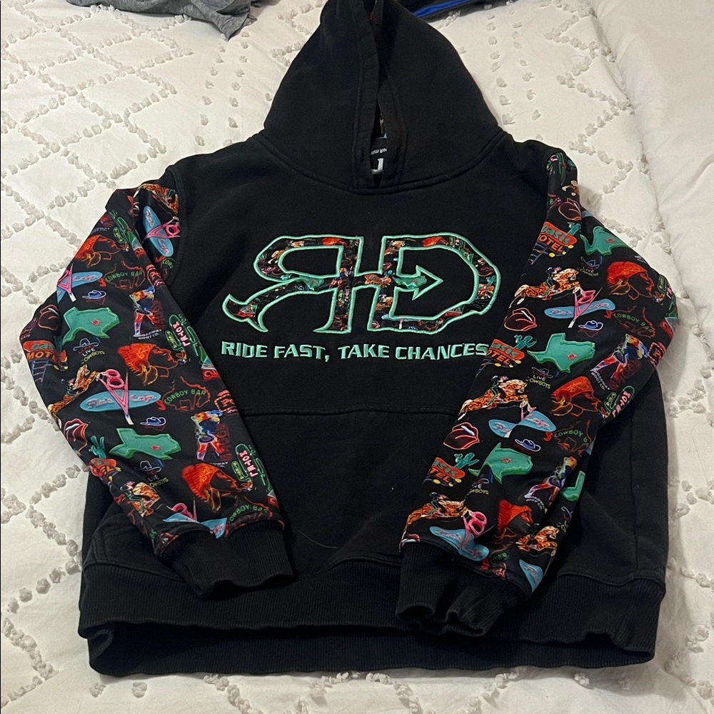 Small Rocket Donkey rodeo brand Black Hoodie with Colorful Sleeves